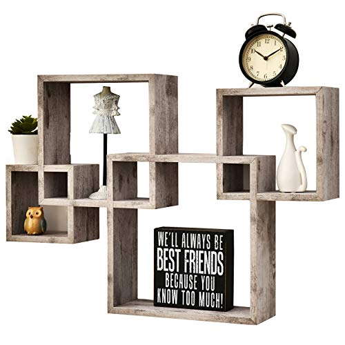 Greenco 4 Cube Intersecting Shelves, Easy-to-Assemble Floating Wall Mount Shelves for Bedrooms and Living Rooms, Rustic White Finish - Image 1