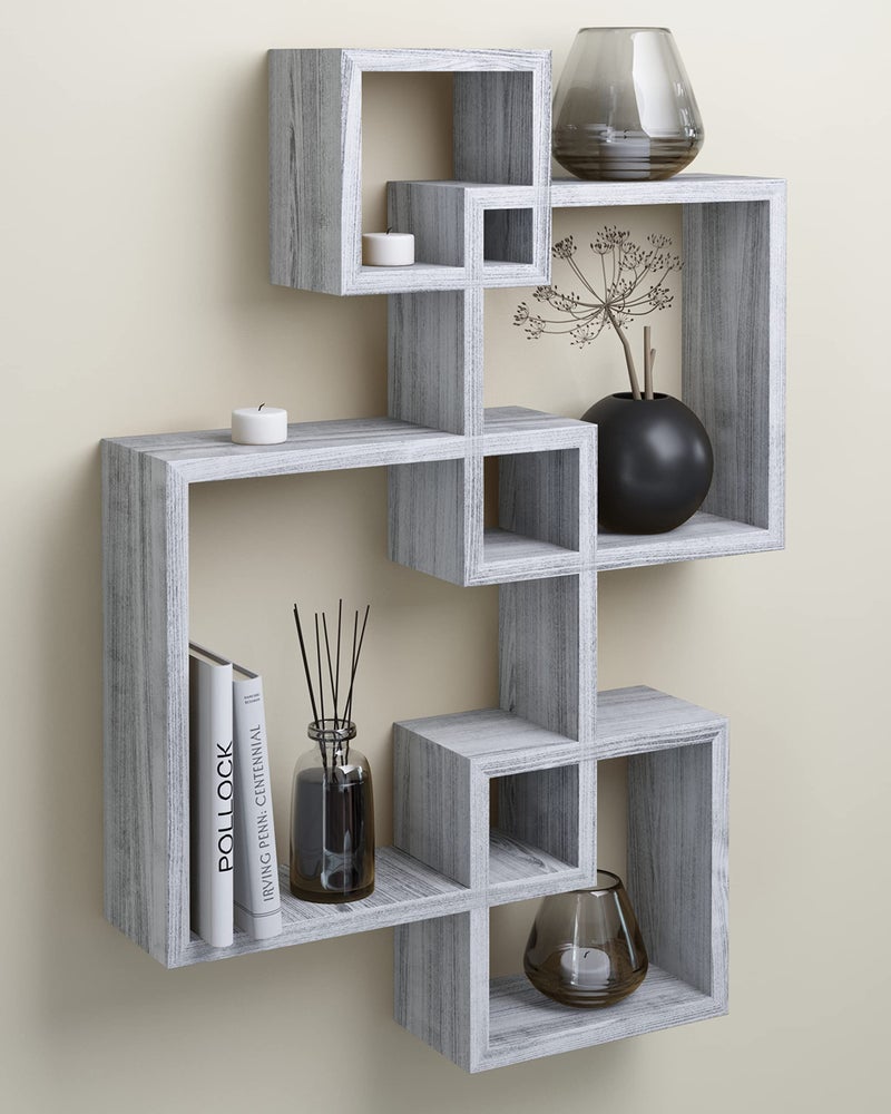Greenco 4 Cube Intersecting Shelves, Easy-to-Assemble Floating Wall Mount Shelves for Bedrooms and Living Rooms, Rustic White Finish - Image 2