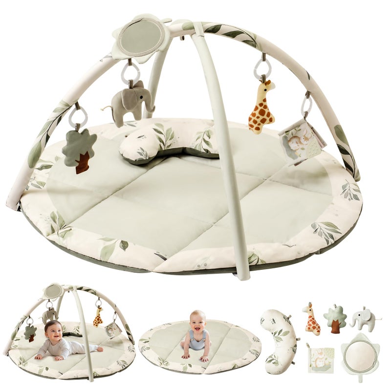 Fortella Baby Play Gym & Activity Mat, Machine Washable & Foldable Tummy Time Mat with 5 Detachable Toys, Certified Safe Newborn Essentials Gift for Baby Registry 0-12 Months (Sage Green) - Image 1