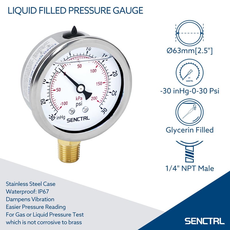 senctrl 30 inHg to 30 Psi Vacuum Glycerin Liquid Filled Low Pressure Gauge, 2.5" Dial Size, 1/4" NPT Lower Mount, Stainless Steel Case, for Air Conditioning Manifolds, HVAC, Air Pump Vacuum Test - Image 2