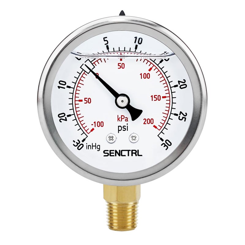 senctrl 30 inHg to 30 Psi Vacuum Glycerin Liquid Filled Low Pressure Gauge, 2.5" Dial Size, 1/4" NPT Lower Mount, Stainless Steel Case, for Air Conditioning Manifolds, HVAC, Air Pump Vacuum Test - Image 1