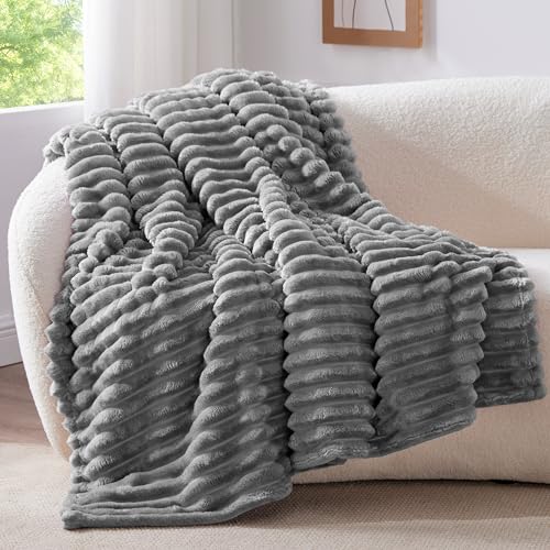 BEDELITE Twin Blanket for Couch Bed 300GSM Soft Warm Fleece Blanket Decorative and Giftable Striped Grey Blankets for Women Men 60x80 - Image 1