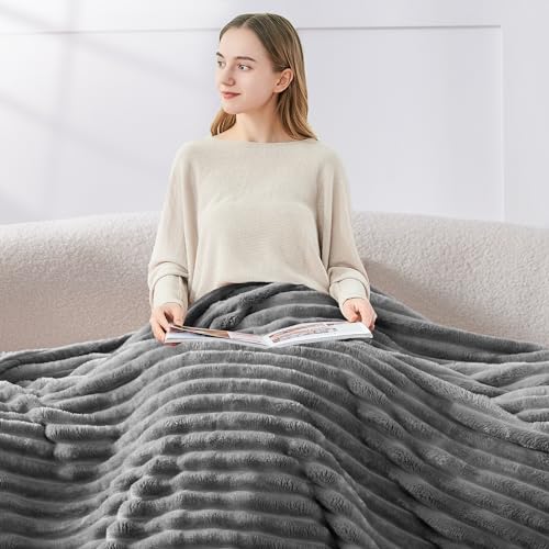 BEDELITE Twin Blanket for Couch Bed 300GSM Soft Warm Fleece Blanket Decorative and Giftable Striped Grey Blankets for Women Men 60x80 - Image 3