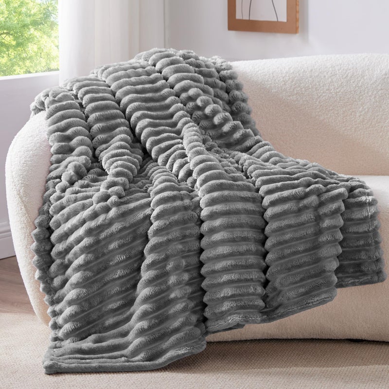 BEDELITE Twin Blanket for Couch Bed 300GSM Soft Warm Fleece Blanket Decorative and Giftable Striped Grey Blankets for Women Men 60x80 - Image 2