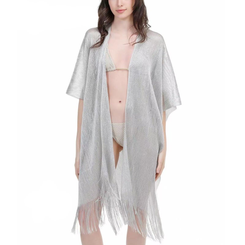 Nonakgado Silver Shawls for Women-Sparkle Metallic Evening Wrap for Guest formal Dresses Beach Cardigan Shawl for Swimsuit (Silver) - Image 2