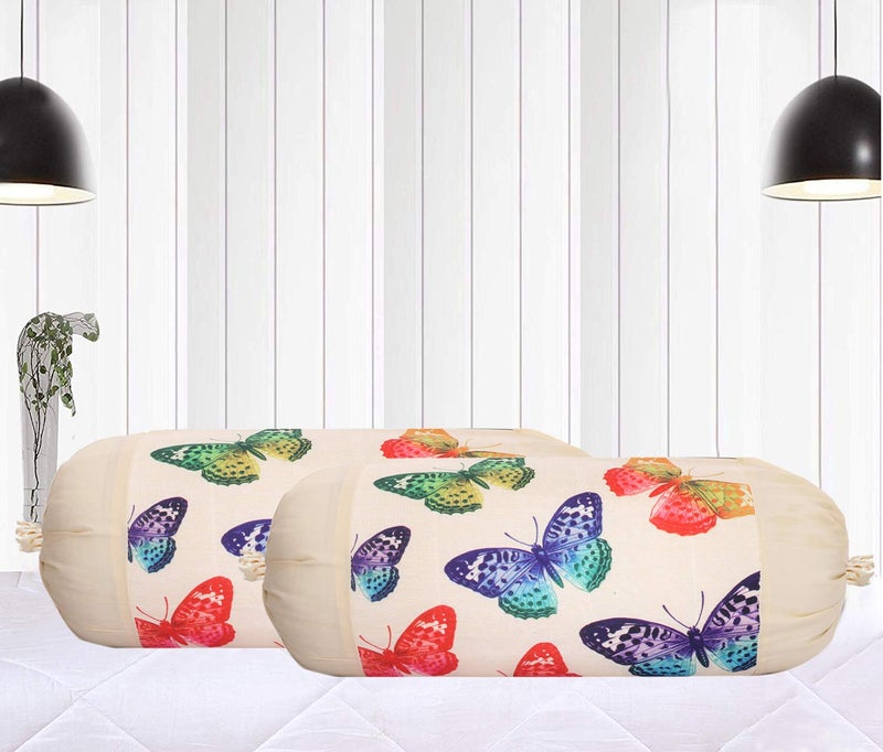 Kuber Industries Kuber Industries Butterfly Design Cotton 2 Pieces Bolster Cover Set (Cream)  - Image 1