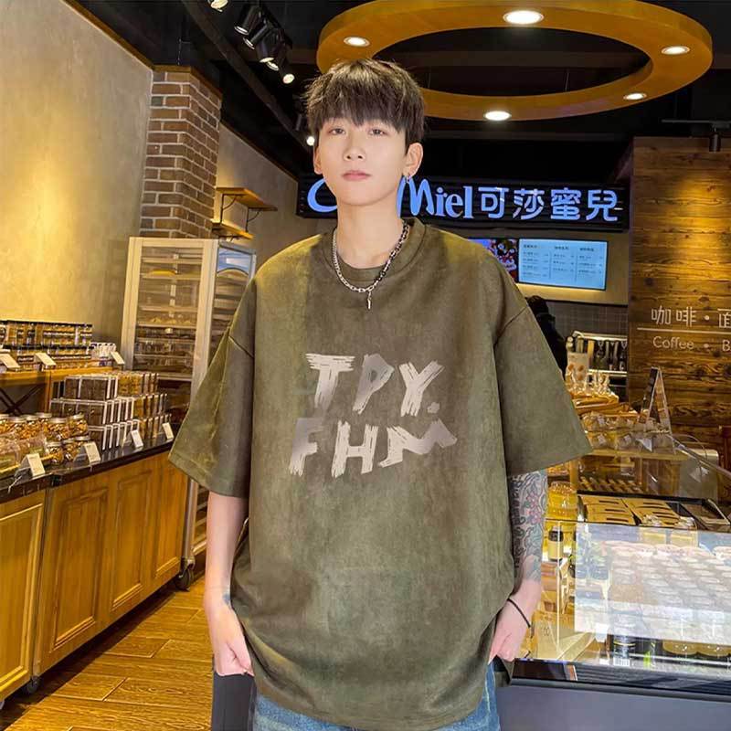 New American Style Heavy Suede Short-Sleeved T-Shirt Men'S Summer Loose Fashionable Slack Half-Sleeved Top - Image 1