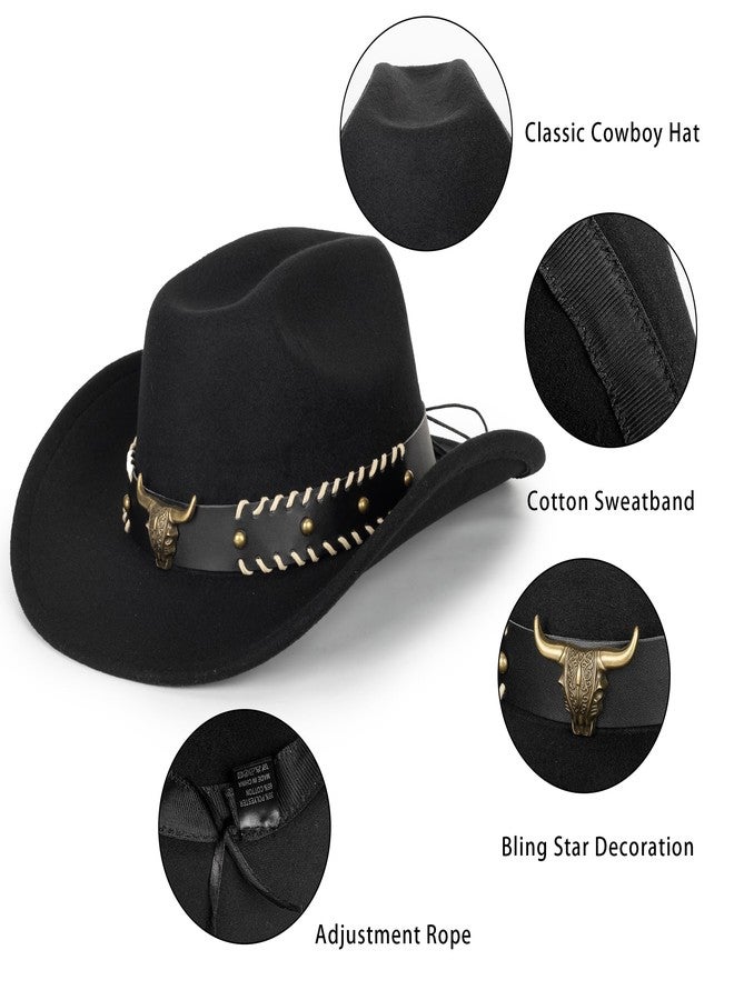 Eohak Womens Western Cowboy Hats Studded Pinched Western Cowgirl Hats Wide Brim Fedoras Hat with Belt Buckle (Size:Medium), Black-golden Longhorn, M - Image 3