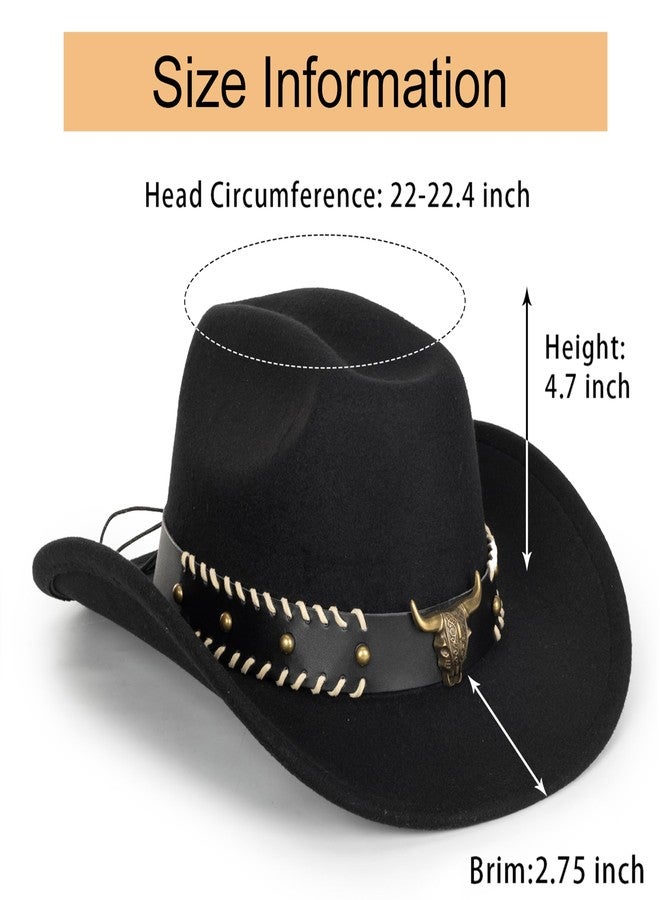 Eohak Womens Western Cowboy Hats Studded Pinched Western Cowgirl Hats Wide Brim Fedoras Hat with Belt Buckle (Size:Medium), Black-golden Longhorn, M - Image 2