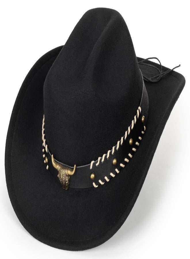 Eohak Womens Western Cowboy Hats Studded Pinched Western Cowgirl Hats Wide Brim Fedoras Hat with Belt Buckle (Size:Medium), Black-golden Longhorn, M - Image 4