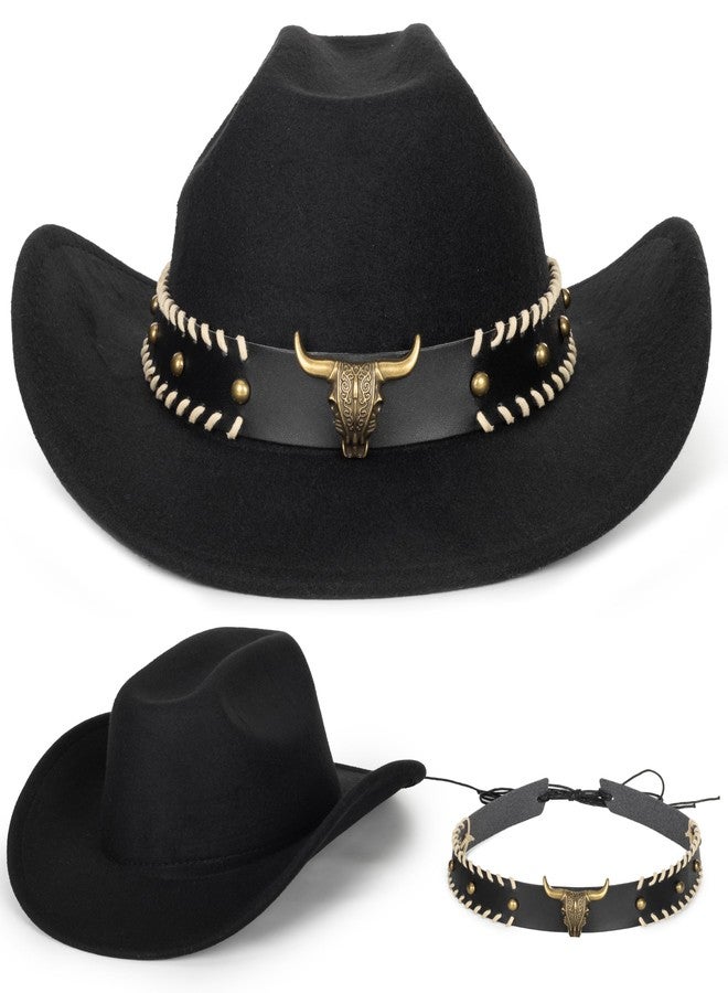 Eohak Womens Western Cowboy Hats Studded Pinched Western Cowgirl Hats Wide Brim Fedoras Hat with Belt Buckle (Size:Medium), Black-golden Longhorn, M - Image 5