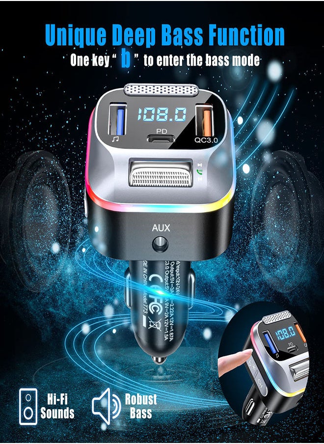 SYOSI - Car FM Transmitter Bluetooth 5.0 PD+QC3.0 Car Charger AUX Bluetooth Radio Music Adapter Wireless Big Microphone & HiFi Bass Sound Cigarette Lighter Supports Hands-Free Siri Google Assistant - Image 1
