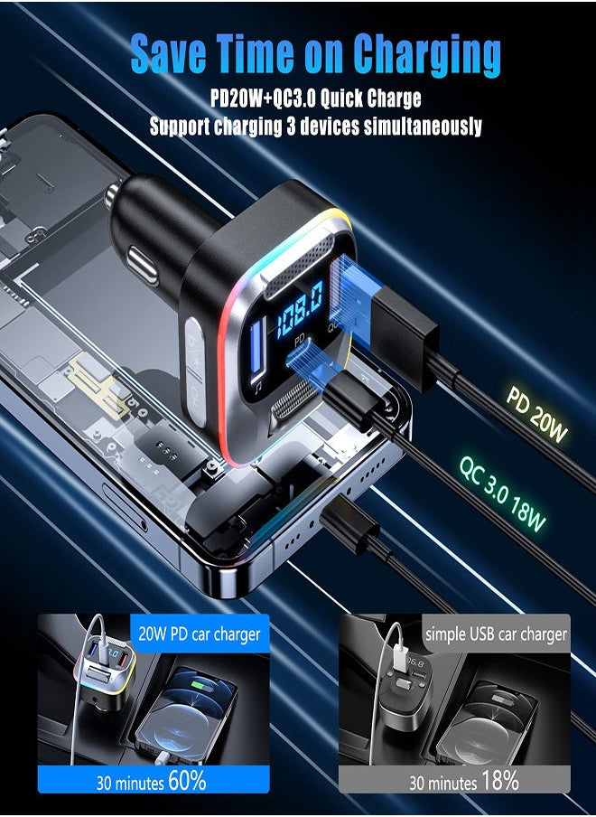 SYOSI - Car FM Transmitter Bluetooth 5.0 PD+QC3.0 Car Charger AUX Bluetooth Radio Music Adapter Wireless Big Microphone & HiFi Bass Sound Cigarette Lighter Supports Hands-Free Siri Google Assistant - Image 1
