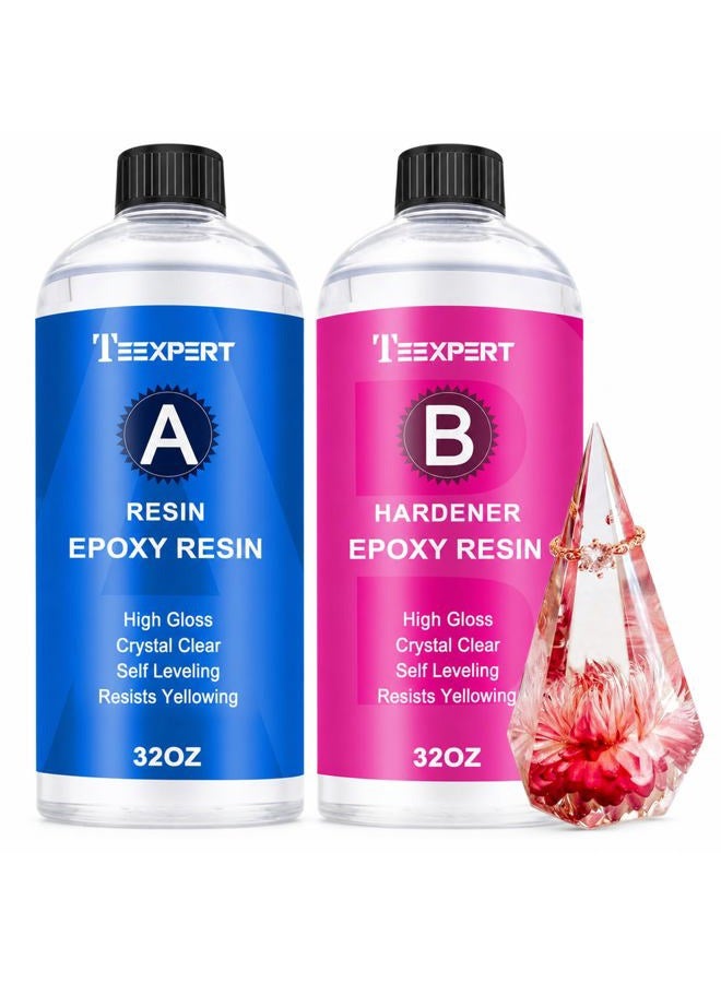 Teexpert Epoxy Resin Crystal Clear: 64oz Kit Fast Curing Heat Resistant for Casting Coating Art DIY Craft Jewelry Wood Table Top Flower Preservation - 2 Part (32oz Resin and 32oz Hardener) - Image 1