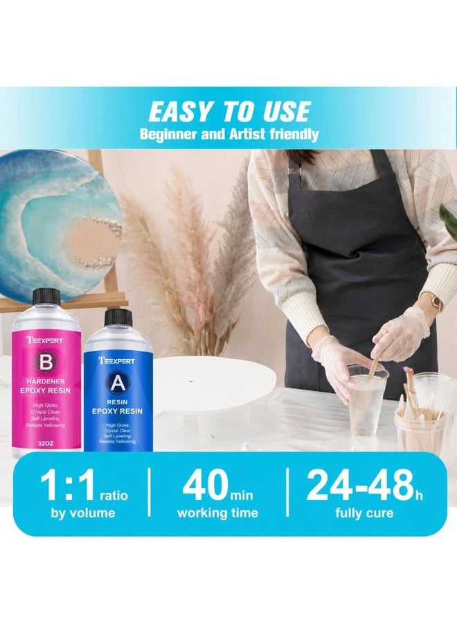 Teexpert Epoxy Resin Crystal Clear: 64oz Kit Fast Curing Heat Resistant for Casting Coating Art DIY Craft Jewelry Wood Table Top Flower Preservation - 2 Part (32oz Resin and 32oz Hardener) - Image 5