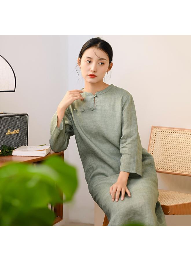 New Chinese Cotton And Linen Women's Autumn New Long Sleeve Ramie Dress Women's Design Retro Zen Tea Clothes