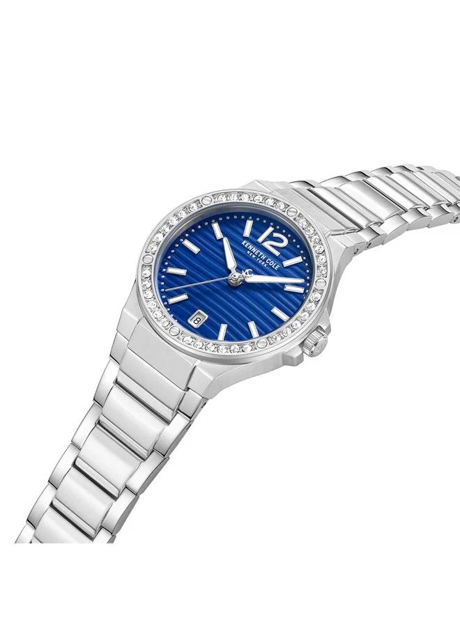 كينيث كول نيو يورك ساعة نسائية جلينفيل بقرص أزرق وسوار فضي من الستانلس ستيل بعقارب - ٣٢ مم