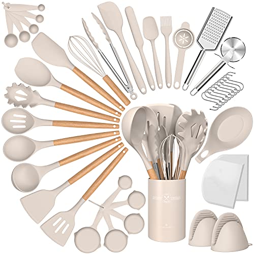 Silicone Cooking Utensils Set 43Pcs NonStick Heat Resistant Kitchen Utensils Spatula Set with Wooden Handle for Baking Cooking and Mixing Best Kitchen Gadgets Tools with Holder Khaki