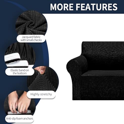 Cupuamon 2025 New Stretch Oversized Sofa Slipcovers Couch Sofa Cover for 4 Seater Furniture Protector Covers with Elastic Bottom Jacquard Fabric Small Checks for Pets, Kids - Black - Image 4