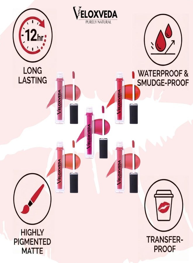 Veloxveda Purely Natural Liquid Lipstick Combo (Pack of 5) - Long Lasting, Matte Finish, Waterproof & Smudge-proof | Multi-Color Shades for Every Occasion (Nude, Pink, Red, Plum & Coral) - Image 4