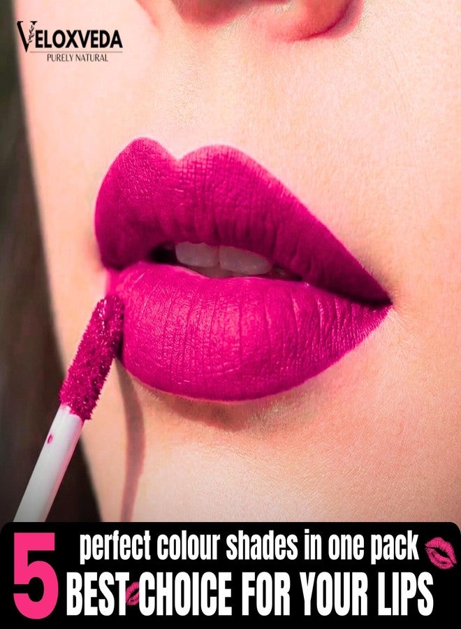 Veloxveda Purely Natural Liquid Lipstick Combo (Pack of 5) - Long Lasting, Matte Finish, Waterproof & Smudge-proof | Multi-Color Shades for Every Occasion (Nude, Pink, Red, Plum & Coral) - Image 5