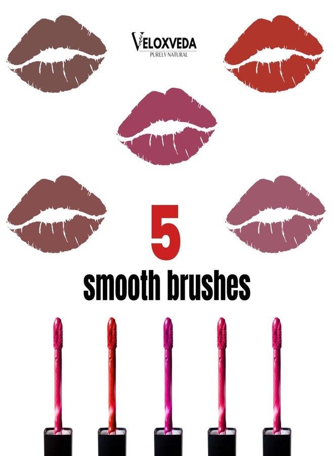 Veloxveda Purely Natural Liquid Lipstick Combo (Pack of 5) - Long Lasting, Matte Finish, Waterproof & Smudge-proof | Multi-Color Shades for Every Occasion (Nude, Pink, Red, Plum & Coral) - Image 3