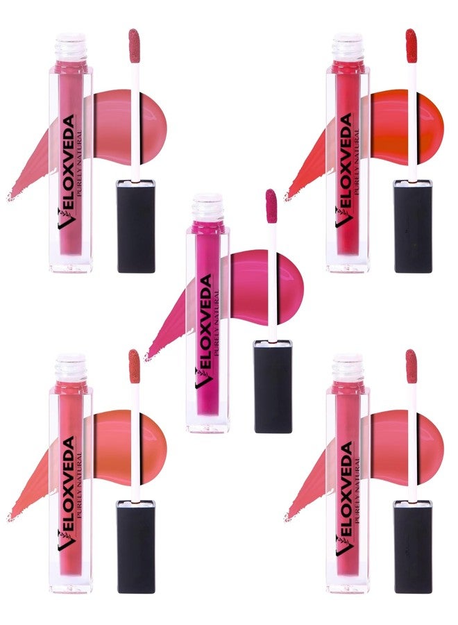 Veloxveda Purely Natural Liquid Lipstick Combo (Pack of 5) - Long Lasting, Matte Finish, Waterproof & Smudge-proof | Multi-Color Shades for Every Occasion (Nude, Pink, Red, Plum & Coral) - Image 1