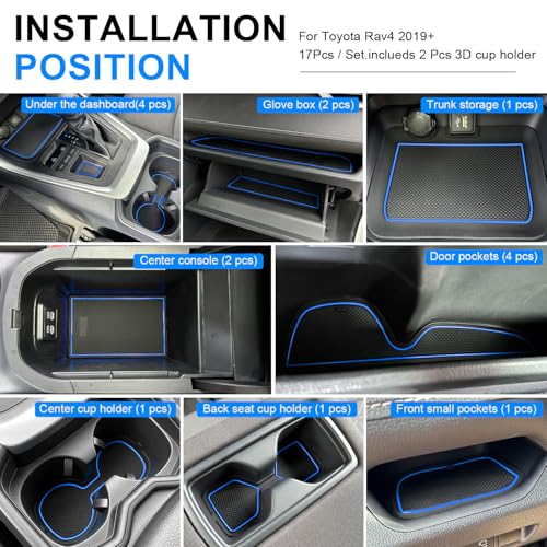 REMOCH ريموش لملحقات تويوتا RAV4 2025 2024 2023 2022 2021 2020 2019 و RAV4 Prime 2021-2025 حامل أكواب مخصص لكونسول الوسط و جيوب الأبواب (مجموعة 17 قطعة، حواف زرقاء) - Image 5