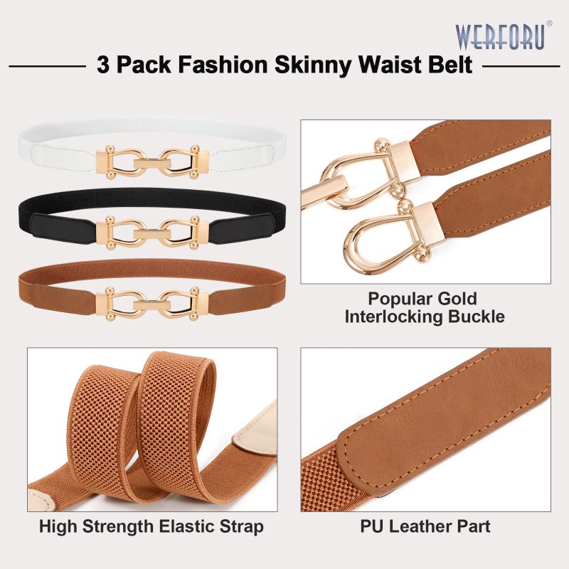 WERFORU 3 Pack Women Ladies Skinny Elastic Waist Belt Gold Buckle Stretchy Thin Belt for Dress Jeans,Black+Brown+White - Image 3