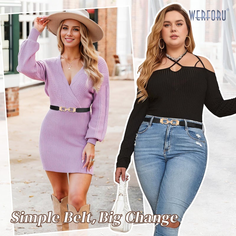 WERFORU 3 Pack Women Ladies Skinny Elastic Waist Belt Gold Buckle Stretchy Thin Belt for Dress Jeans,Black+Brown+White - Image 2