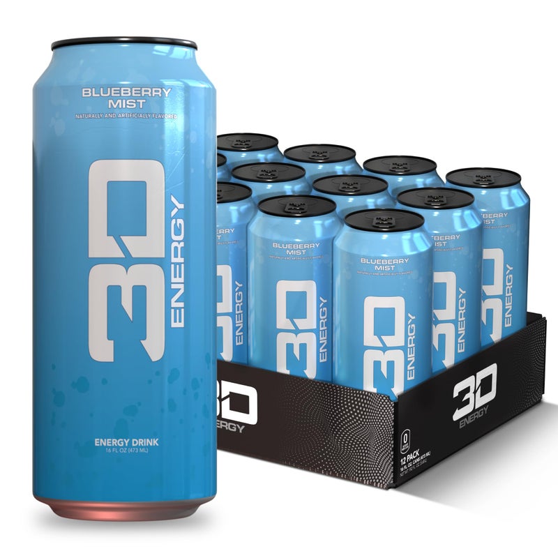 3D Energy Drink - Sugar Free, 200mg Caffeine, Pre Workout, Taurine, L-Carnitine, Lightly Carbonated, 16oz Cans, 12 Pack - Blueberry Mist - Image 1