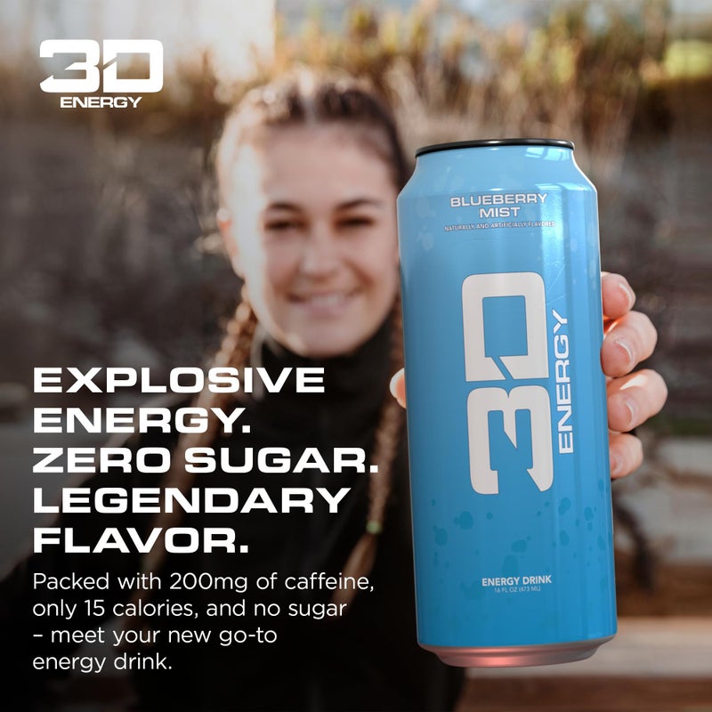 3D Energy Drink - Sugar Free, 200mg Caffeine, Pre Workout, Taurine, L-Carnitine, Lightly Carbonated, 16oz Cans, 12 Pack - Blueberry Mist - Image 2