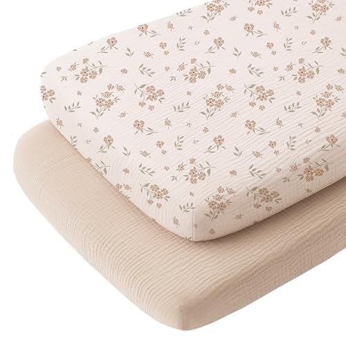Konssy Muslin Fitted Bassinet Sheets 2 Pack for Baby Girl Boy Soft Bedside Sleeper Bassinet Sheets Fit for Baby Bassinets Moses Basket Oval Rectangle PadMattress - Image 1