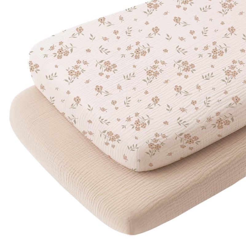 Konssy Muslin Fitted Bassinet Sheets 2 Pack for Baby Girl Boy Soft Bedside Sleeper Bassinet Sheets Fit for Baby Bassinets Moses Basket Oval Rectangle PadMattress - Image 2