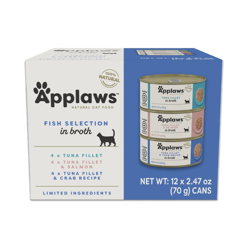 Applaws Natural Wet Canned Cat Food, Limited and Natural Ingredients, High Protein with No Artificial Additives, Fish Selection Variety Pack in Broth (12 x 2.47oz Cans) - Image 1