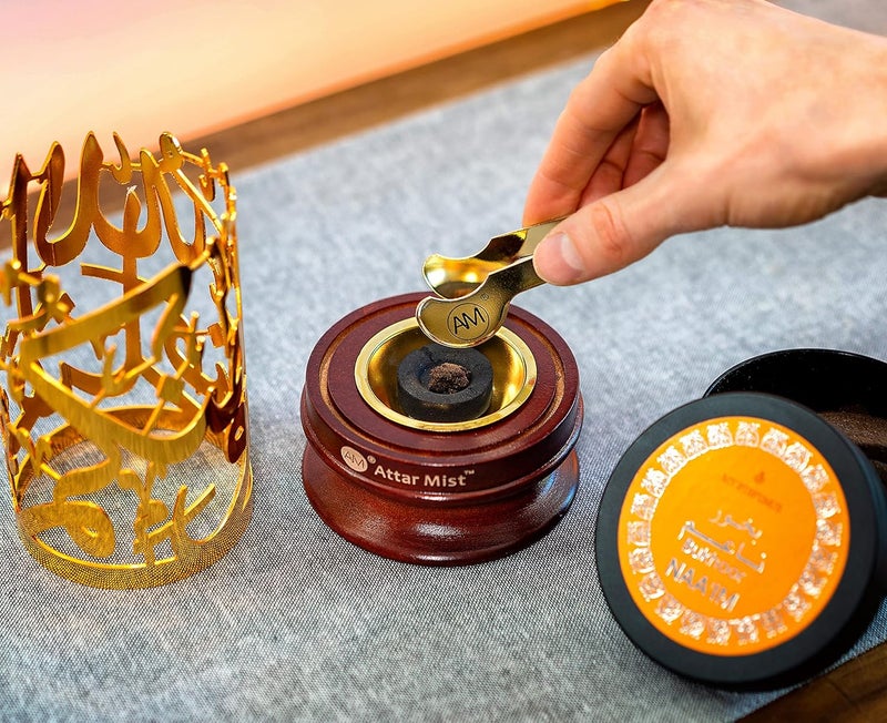AM Bakhoor Calligraphy Incense Burner - Metalic Resin Burner Holder | Wooden Base | Frankincense Charcoal Burner (Mabkhara) | Office & Home Decor (Gold) - Image 2