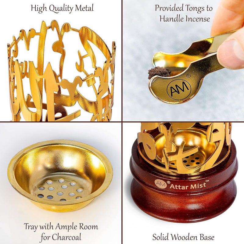 AM Bakhoor Calligraphy Incense Burner - Metalic Resin Burner Holder | Wooden Base | Frankincense Charcoal Burner (Mabkhara) | Office & Home Decor (Gold) - Image 3