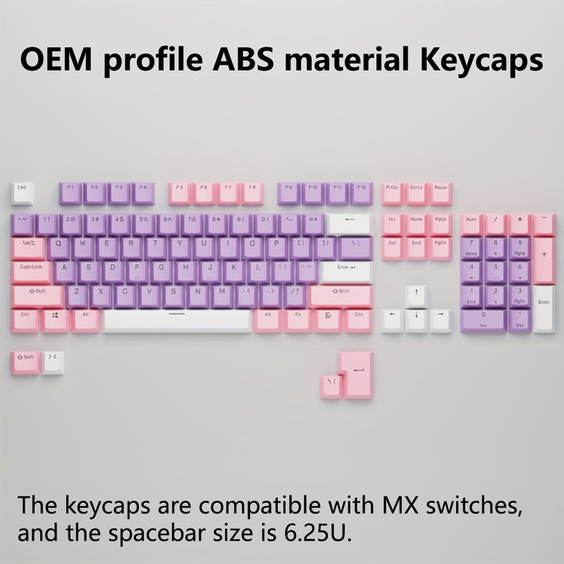 مجموعة أغطية مفاتيح ABS باللون الأرجواني والوردي والأبيض، مكونة من 104 مفاتيح، بتصميم OEM للوحات المفاتيح الميكانيكية. - Image 1