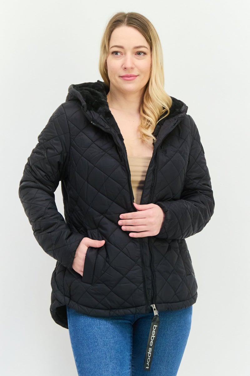 Bebe Sport Women Sportswear Fit Long Sleeve Faux Fur Outdoor Jacket, Black - Image 1