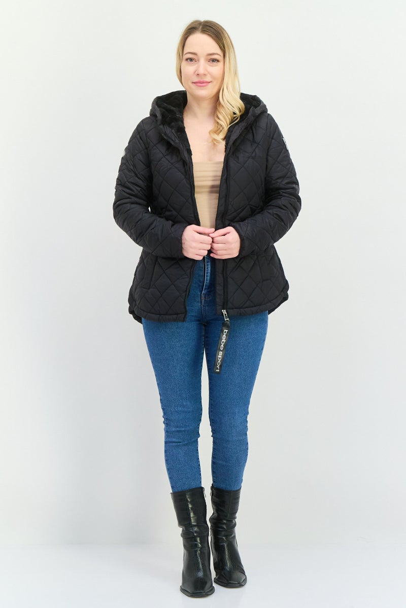 Bebe Sport Women Sportswear Fit Long Sleeve Faux Fur Outdoor Jacket, Black - Image 3