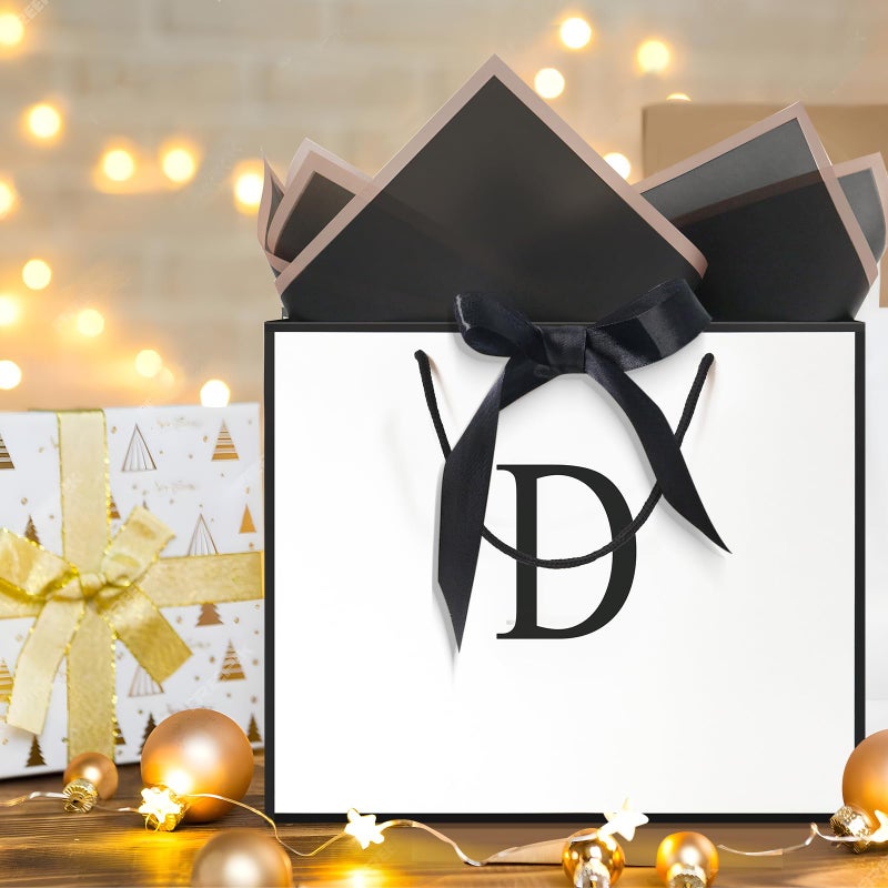 QLSKO Monogrammed Gift Wrap Bag Personalized Initial Paper Bag with Card Matching Envelope Sticker,Bow Ribbon and Wrapping Tissue Birthday Gifts for Women Men (White, D-Medium) - Image 5