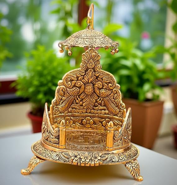 A & S VENTURES A&S Ventures Metal Singhasan Oval Shape Metal Singhasan Oval Shaped for Lord Krishna Idols - Gold Plated Ladoo Gopal Pooja Chowki for Temple Mandir Puja (17 cm) - Image 2