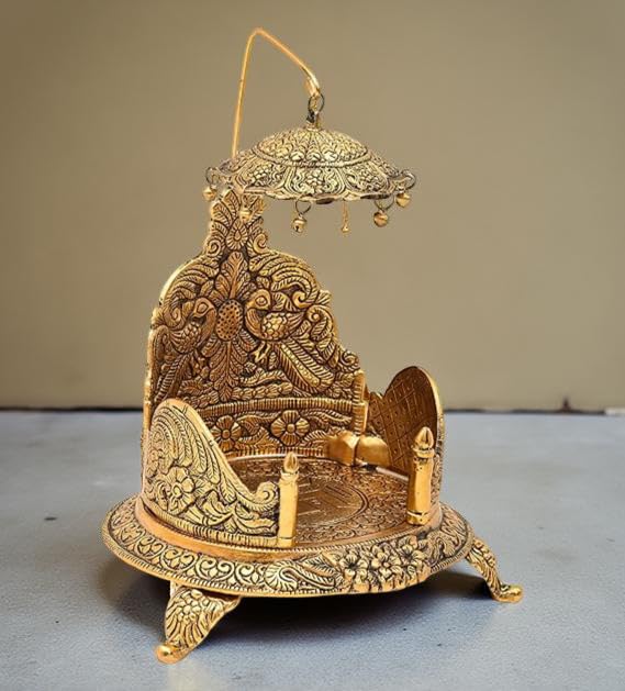 A & S VENTURES A&S Ventures Metal Singhasan Oval Shape Metal Singhasan Oval Shaped for Lord Krishna Idols - Gold Plated Ladoo Gopal Pooja Chowki for Temple Mandir Puja (17 cm) - Image 3
