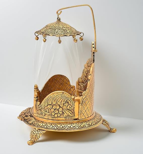 A & S VENTURES A&S Ventures Metal Singhasan Oval Shape Metal Singhasan Oval Shaped for Lord Krishna Idols - Gold Plated Ladoo Gopal Pooja Chowki for Temple Mandir Puja (17 cm) - Image 4