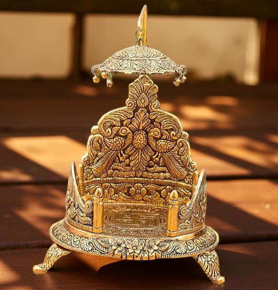 A & S VENTURES A&S Ventures Metal Singhasan Oval Shape Metal Singhasan Oval Shaped for Lord Krishna Idols - Gold Plated Ladoo Gopal Pooja Chowki for Temple Mandir Puja (17 cm) - Image 1