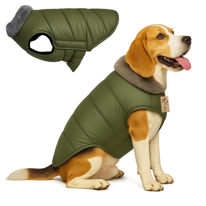 Western Era Dog Fur Quilted Olive Green Winter Coat for Dogs | Warm Padded Jacket Soft Fur Collar | Windproof Cold Weather Outfit for Walks Clothing | Adjustable Belly Strap (Medium - 16inch) - Image 1