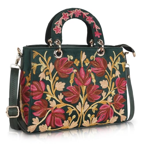 EVEDA Synthetic Leather Gorgeous Embroidery Stylish Design Shoulder Crossbody Hobo Women Handbag (Bottle Green) - Image 1