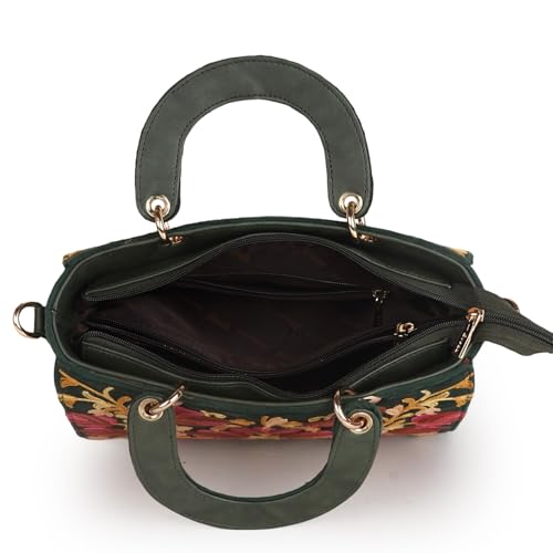 EVEDA Synthetic Leather Gorgeous Embroidery Stylish Design Shoulder Crossbody Hobo Women Handbag (Bottle Green) - Image 3