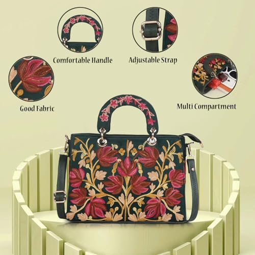 EVEDA Synthetic Leather Gorgeous Embroidery Stylish Design Shoulder Crossbody Hobo Women Handbag (Bottle Green) - Image 4