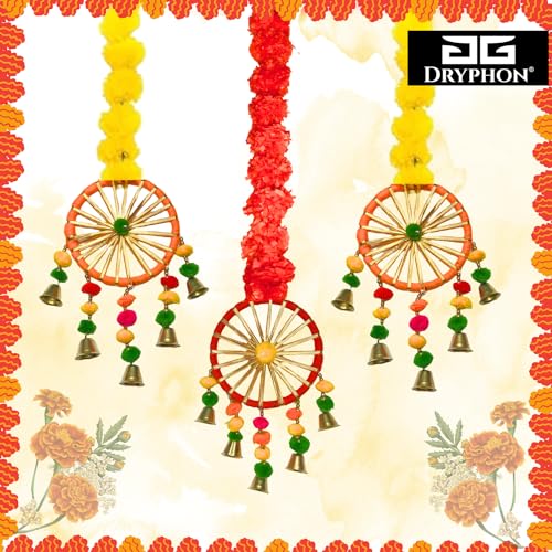 DRYPHON Artificial Marigold Flowers with Pom Pom Ring Bell Hanging Garlands for Home, Diwali & Wedding Decoration (Pack of 2) - Image 3